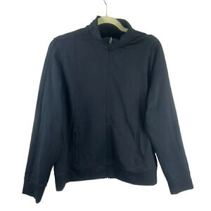 Lands' End Full Zip Stretch Knit Jacket Women Large Petite 14-16 Pockets Black